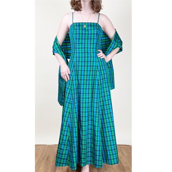 Vintage Plaid Gown Maxi Dress Princess Formal Dance Prom Gala Evening Wear Fancy - Picture 1 of 8